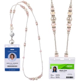 Retractable Lanyards, BENOSPACE Retractable Beaded Lanyards with ID Badges Holder for Women Fashion Pearls and Crystals Teacher High-Performance Lanyard Keychain Supplies for Teacher Student(Pink