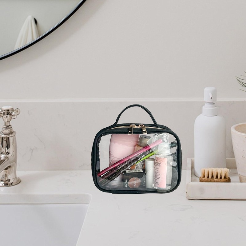 TotePrint Black PVC Cosmetic Bag Transparent Waterproof with Carry Handle