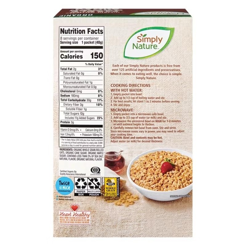 Simply Nature Organic Instant Oatmeal Packets (2 Boxes, Maple Brown