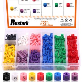 Rustark - Juego de 420 marcadores de tamaño para colgar de 9 tamaños, código de color, kit de marcadores de tamaño para ropa, XXS-4XL, juego de clips de tamaño codificado por colores con caja de