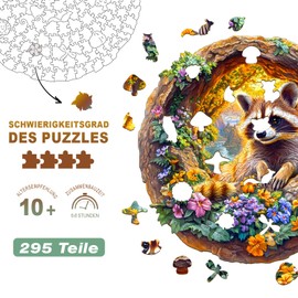 Individz Wooden Puzzle for Adults Children, Unique Animal-shaped Raccoon on Holiday, Wooden Puzzle, Creative Birthday Gift for Adults (L-34 x 33.8 cm, 295 Pieces)