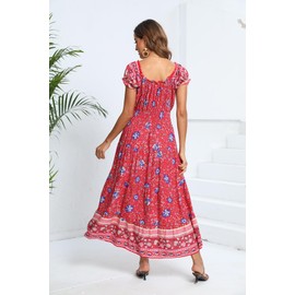 OSTOO Women's 2025 Summer Short Sleeves Boho Floral Print Tiered Casual Flowy Long Maxi Dress(Rostrot,L)