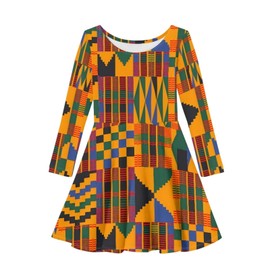 AmzPrint Kente Tribal Print African Dresses for Girls Summer Casual Swing Dresses Kids Long Sleeve Party Dress 4-12 Years
