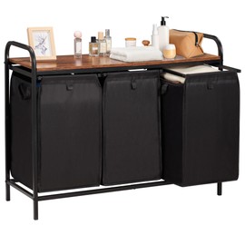 Azaeahom 3 Section Laundry Hamper with Shelf, Laundry Basket Organizer with 3 Pull-Out Removable Bags 3×12.3Gal(46.6L), Laundry Sorter for Clothes Organization in Bedroom, Laundry Room, Brown