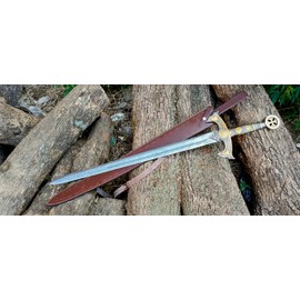 Medieval Templar Stainless Steel and Damascus Steel Sword | Scottich Claymore Long Hand Stainless Steel and Damascus Steel Sword with Leather Sheath (Damascus Templar)