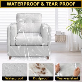 Aoketo 2 Pack Plastic Furniture Covers for Moving Storage, 4 MIL Thick Heavy Duty Chair Cover Protectors, Waterproof & Dustproof Clear Moving Bags for Armchairs or Recliners, 65” x 43” x 35”