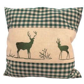 Pine Cushion Green Checked with Stag Embroidery Filled with Pine Flakes Made from 100% Alpine Pine Wood in Extra Ticking Size 40 x 40 cm