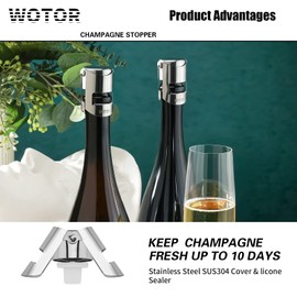 WOTOR Tapones de champaña con tapón de botella de champaña de acero inoxidable con silicona de grado alimenticio, reutilizable de corcho de champaña, ahorro adecuado para champaña, cava, Prosecco, vino espumoso (plata, 2 unidades)