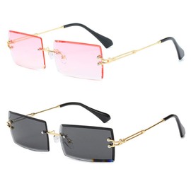 LASPOR Retro Rimless Rectangle Sunglasses for Women Men Tinted Lens Gold Metal Frameless Vintage Square Glasses, Pink + Black