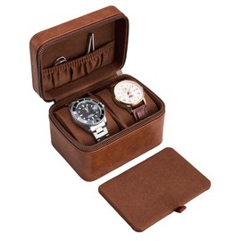 ProCase 2-Slot Watch Travel Case for Men, PU Leather Portable Watch Holder, Compact Small Travel Carrying Box, Storage Case for Luxury Watches & Smartwatches with Jewelry Compartment -Brown