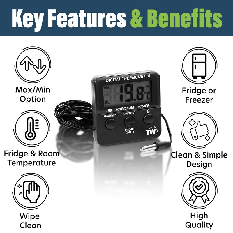 Digital Fridge Thermometer with Alarm Clock and Maximum/Min Temperature Function