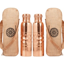 FURNISHFUL FINESSE Pack of 2 Copper Water Bottle with Jute Carry Bags 1000 ml Pure Copper Bottle 34 Oz Ayurvedic Copper Flask for Gym, Yoga, Office, Outdoor, Hiking - Set of 2