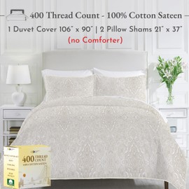 California Design Den 3 Piece King Size Duvet Cover Set, 400 Thread Count 100% Cotton Sateen, Soft Luxury Sateen Comforter Cover and Two Pillow Shams, Button Closure and Corner Ties (Paisley Beige)
