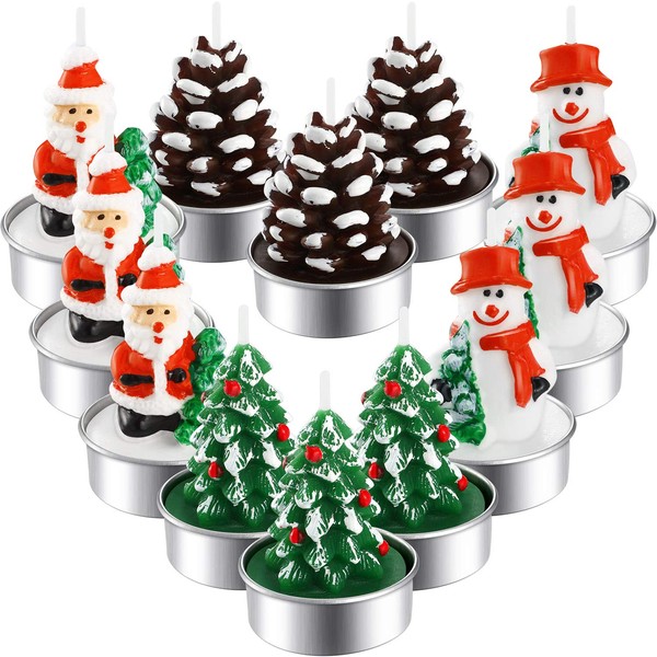 12 Pieces Christmas Tealight Candles Handmade Delicate Santas Snowman Acorn Tree Candles for Christmas Home Decoration Gifts (Style H)