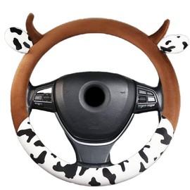 Cow Plush Steering Wheel Cover Universal 15 in Cute Fuzzy Cow Horn Car Steering Wheel Cover Non-Slip Stretchy Cow Print Circular Steering Wheel Protector for Auto SUV Sedan Vans Truck Men Women