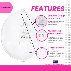 Girls Tutu Garment Bag for Ballet Costume 40x2 inch with 3 front pockets on the front to carry accessories. Dance Bag with Hanger Loops at both ends of Bag BE UNIQUE UNICORN LOGO