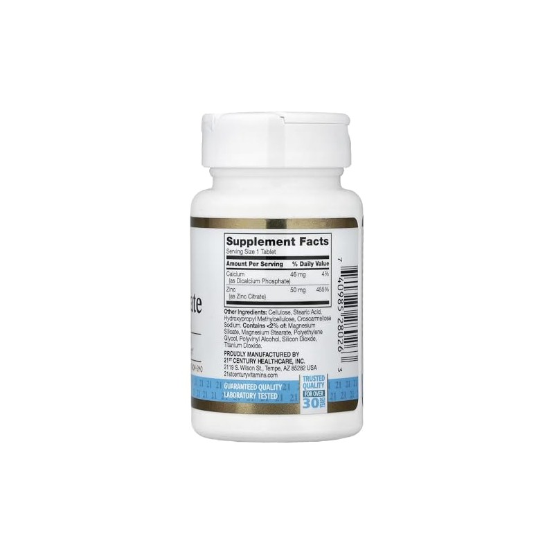 21st Century Healthcare Zinc Citrate Tablets 50mg, 360 Count, White