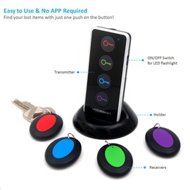 vodeson Schlüsselfinder Wireless Key Finder RF kabelloser Sachenfinder 1 Sender mit 4 Empfänger LED Taschenlampe Tonsignal Licht Lichtzeichen (Schwarz)