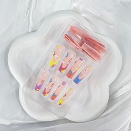 24 Pcs Long Press on Nails French Coffin Fake Nails with Flower Designs Nude Pink False Nails Colorful Nail Tips Glossy Acrylic Nails Glue on Nails for Women Girls