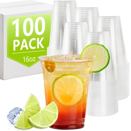 NutriBox 16 oz Plastic Cups 100 Pack, BPA Free Disposable Cups, Extra Thick Plastic Cup, Sturdy Party Cup for Birthday, Wedding, Graduation, Thanksgiving, Christmas