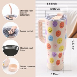 RFFPQCDS 40 oz with Handle and Silicone Sleeve | 100% Leakproof Insulated Tumbler | Stainless Steel Straws with Silicone Tips | Insulated Water Bottle Stainless Steel Cup | Smiley Face Design