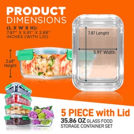 NutriChef 5-Piece Food Storage Containers - 35.86 oz Stackable Superior Premium Glass Meal-prep w/Airtight Locking Lid, BPA-Free 100% Leakproof, Freezer-to-Oven-Safe, Wave Design, Dishwasher Safe