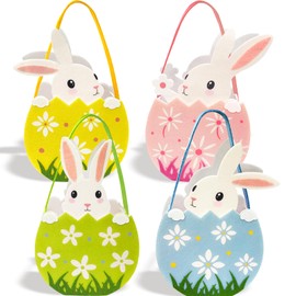 BOYATONG 4 x Easter Nest with Rabbit - Easter Basket for Filling Made of Felt - Easter Basket with Handle for Children - Easter Bags for Filling for Egg Hunting & Decoration, Colourful