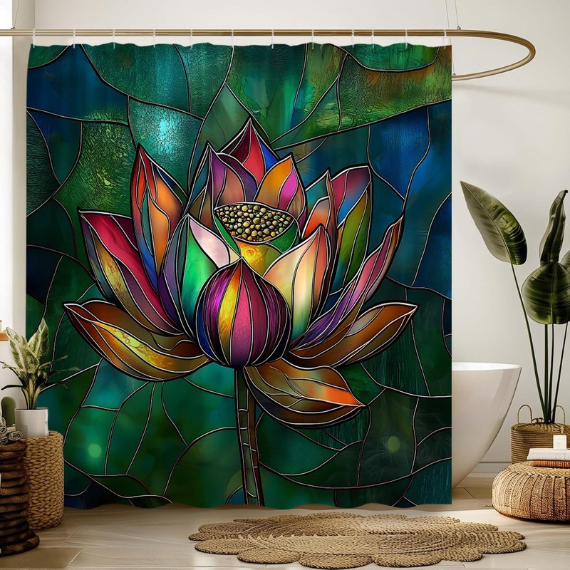 Vintage Stained Glass Shower Curtain for Bathroom,70x70 Inch,with Hooks