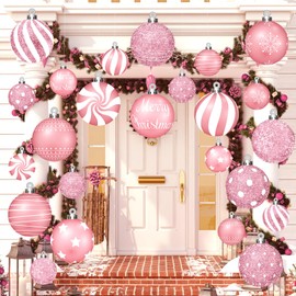 Huwena 24 Pcs Christmas Decorations Outdoor Christmas Hanging Ornaments Peppermint Candy Yard Signs Double Sided Lawn Decorations Peppermint Ornaments for Xmas(Pink)