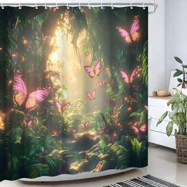 Enchanted Forest Shower Curtain Pink Butterflies Sunlight Tropical Rainforest Green Plant Leaves Floral Wonderland Outdoor Nature Landscape Fabric Bathroom Decor Curtain Sets with Hooks 70" WX70 H