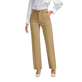 FUNYYZO Office Dress Pants for Women Stretch High Waisted Casual Business Long Trousers with Deep Pockets Camel