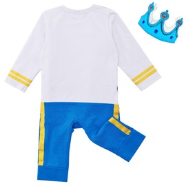 Pezhiqun Baby Boys Prince Charming Costumes Outfits Jumpsuit for Newborn Infant Medieval King Royal Prince Crown Dress Up Party, 6-12 Months, Long Sleeve, Blue