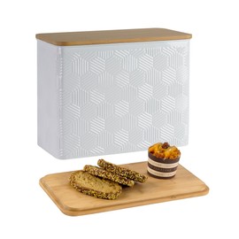 HOME PALETTE Extra Large Bread Box for Kitchen Countertop Corner Breadbox for Homemade Bread Metal White Hexagon Stripe Pattern Embossed Storage Container Bin with Bamboo Lid Fits 2 Loaves of Bread