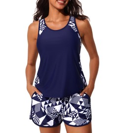 Summer Mae Blouson Tankini Swimsuits for Women 2025 Tummy Control Two Piece Bathing Suits with Sporty Pockets Swim Shorts Cube Size 16