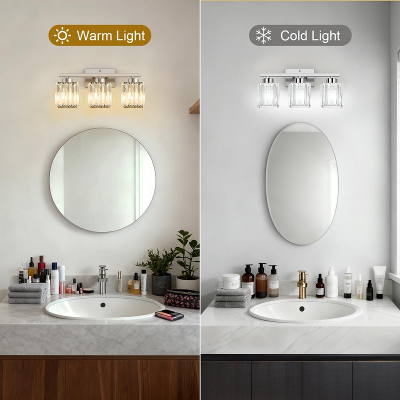 GOLSPARK Modern Crystal Bathroom Vanity Light, 3-Light Brushed Nickel Vanity