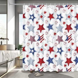 MEHOFOND 4th of July Shower Curtain Independence Day American Red White and Blue Stars Bathroom Curtain President's Day Patriot Home Bathtub Decor Fabric Waterproof Bath Curtain 72x72 Inch