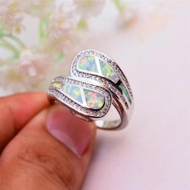 Anillo De Ópalo De Fuego Azul Blanco para Mujer, Anillo De Boda De Color Plateado Único, Anillos De Compromiso De Promesa para Mujer