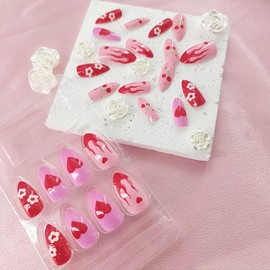 Valentine's Day Press on Nails Medium Almond Fake Nails with Red Hearts Flame Cherry Design Flower Glue on Nails Press ons Pink Glossy False Nails Valentines Stick on Nails for Women Girls 24Pcs