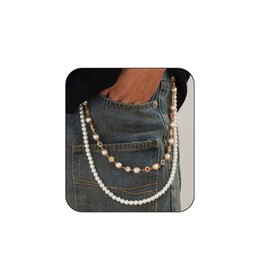 Hip Hop Double Layer Pearl Flower Pants Chain for Men Women Wallet Chain Layered Pocket Chains Exquisite CZ Waist Chain for Men Street Jeans Jewelry Accessories (Gold)