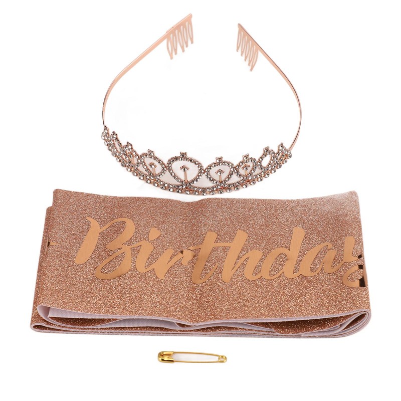 2 Sets Bridal Sash Rhinestone Tiara Kit Shiny Rose Gold