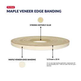 Maple Wood Veneer Edge Banding 1/2 inch x 25 ft Pre Glued Adhesive Edging Trim Tape Iron On Flexible Strip Roll Laminate Cabinate Countertop Furniture Shelf MDF Board Paintable Molding Easy Trimmer