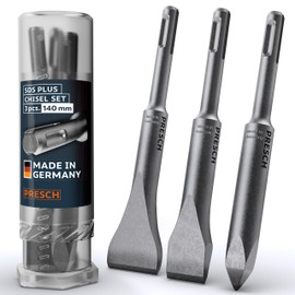 Presch SDS-Plus Chisel Set 3pcs. | Flat Chisel, Wide Chisel, Point Chisel | B20mm + B30mm + Point x L140mm | Professional Tool Steel (42CrMo) | Extremely Robust | For Concrete, Stone, Screed & Granite