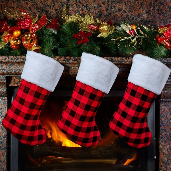 Christmas Stockings 3 Pcs 16.5 Inches Buffalo Plaid with Plush Cuff Stockings Rustic Christmas Stocking Ornament Set for Family Holiday Xmas Party Decorations (Buffalo Plaid)