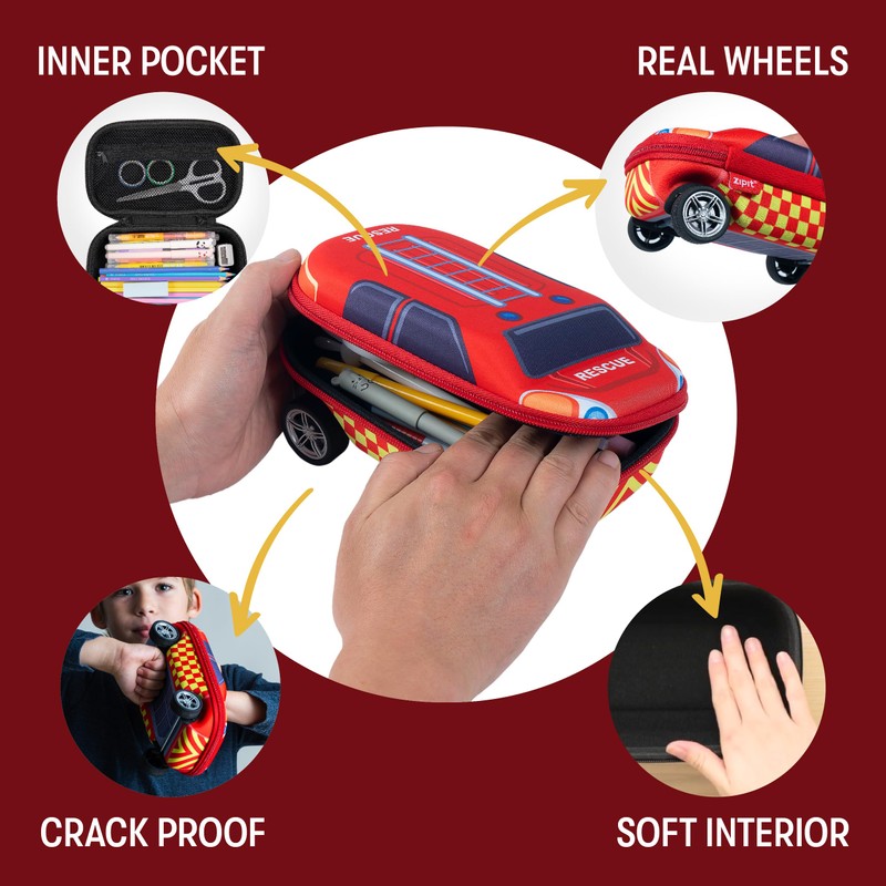 ZIPIT Fire Truck Pencil Case for Boys | Large Capacity