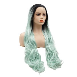 LUSHY BEAUTY Hair Synthetic Lace Front Wig Wavy Long 26inch Dark Root Light Blue Ombre Heavy Density Heat Resistant Realistic Wig