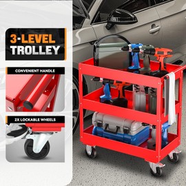 Auto Dynasty 3-Tier Rolling Service Cart 330 lbs Capacity Tool Cart on Wheels Heavy Duty Utility Cart for Warehouse, Garage and Mechanic Work, Red