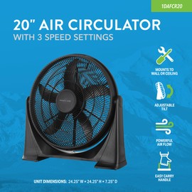 DENALI AIRE 1DAFCR20 20" Air Circulator, Floor Wall or Ceiling Mount-able, Adjustable Tilt, Easy Carry Handle, 3 Speed Mechanical Controls, Black