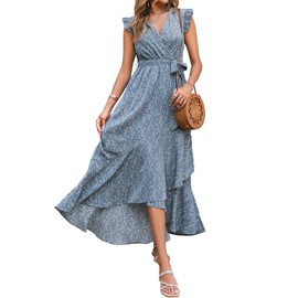 BTFBM Summer Floral Maxi Dress for Women 2025 Vacation Ruffle Sleeve V Neck Belt Wrap Spring Beach Wedding Guest Dresses(Floral Blue, Medium)