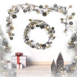 6FT Christmas Ball Garland - Pre-Strung Holiday Decor for Trees, Indoor & Outdoor Christmas Party Ornaments Metallic Decoration - Color: Gold and Silver