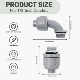 Feotech 50 Pack 1/2 Inch Liquid Tight Connectors - PVC Electrical Conduit Fittings, Straight, 90 and 180 Degree Non-Metallic Flexible Connectors for Home, Bathroom, and Kitchen, Gray